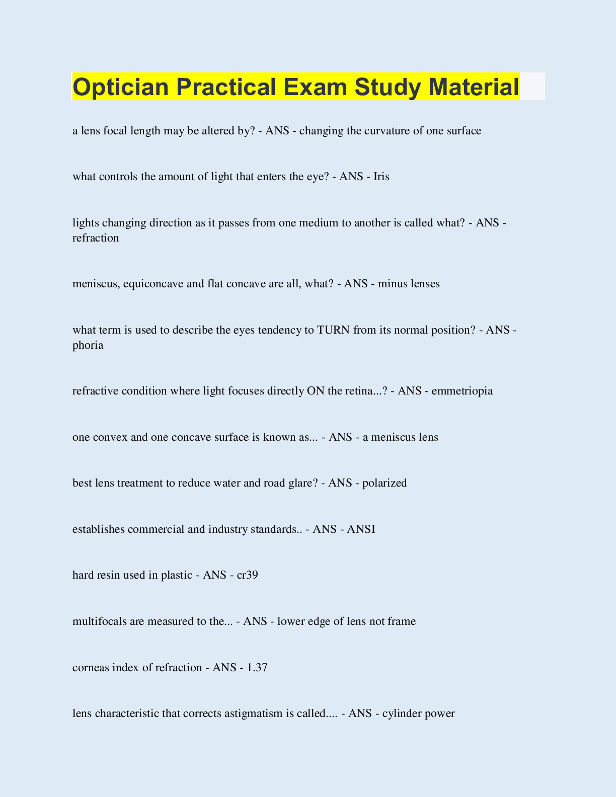 Preview image for Optician Practical Exam Study Material | 135 Questions with 100% Correct Answers | Updated & Verified